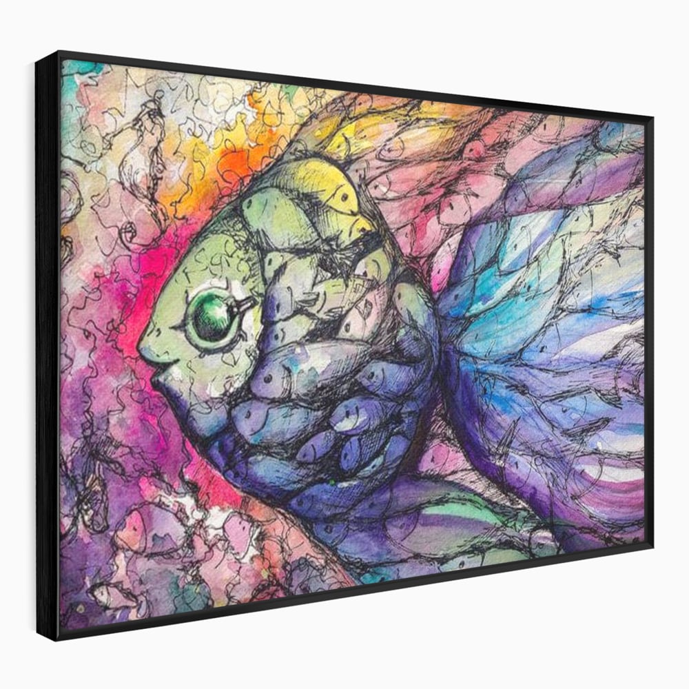 Tablou canvas cu tablou canvas cu peste mare din pesti mici, in rama de aluminiu negru